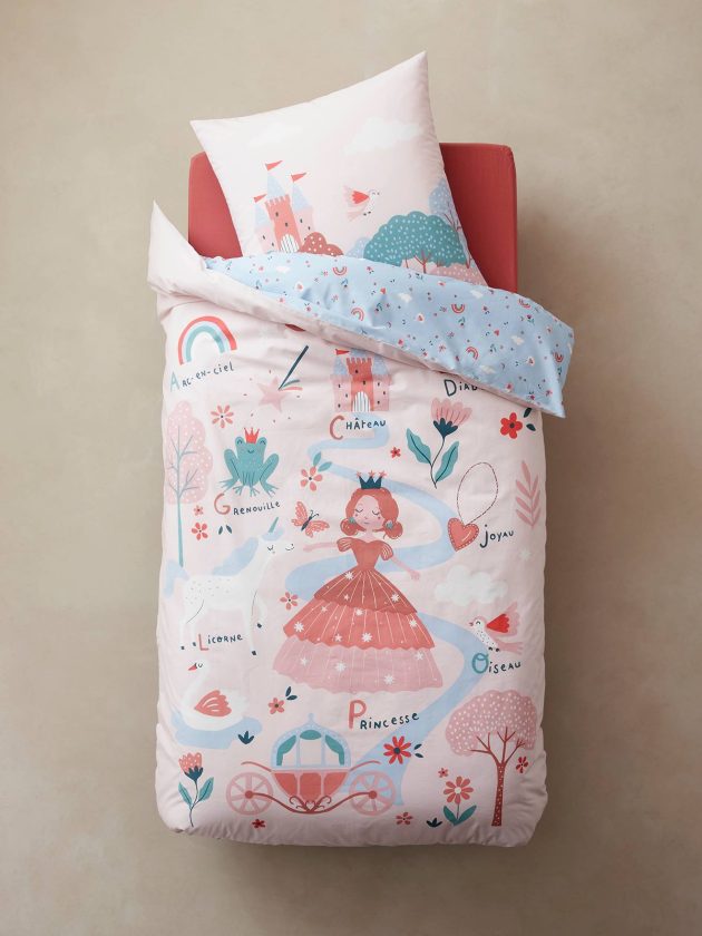 Parure housse de couette + taie d'oreiller enfant ABC PRINCESSE - mauve - Lullaby