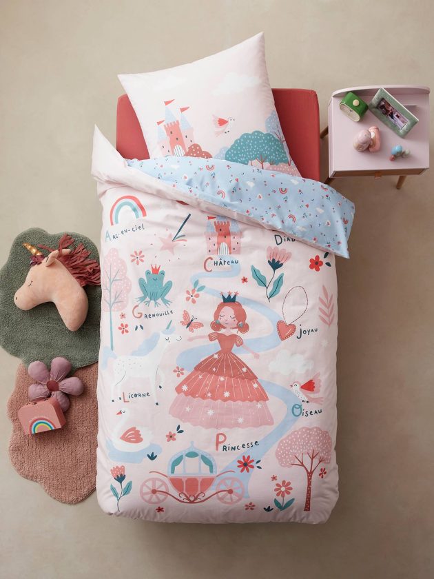 Parure housse de couette + taie d'oreiller enfant ABC PRINCESSE - mauve - Lullaby