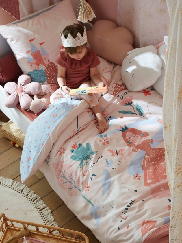 Parure housse de couette + taie d'oreiller enfant ABC PRINCESSE - mauve - Lullaby