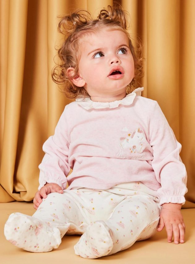 Grenouillère Rose Chiné et Ecrue en Velours lullaby