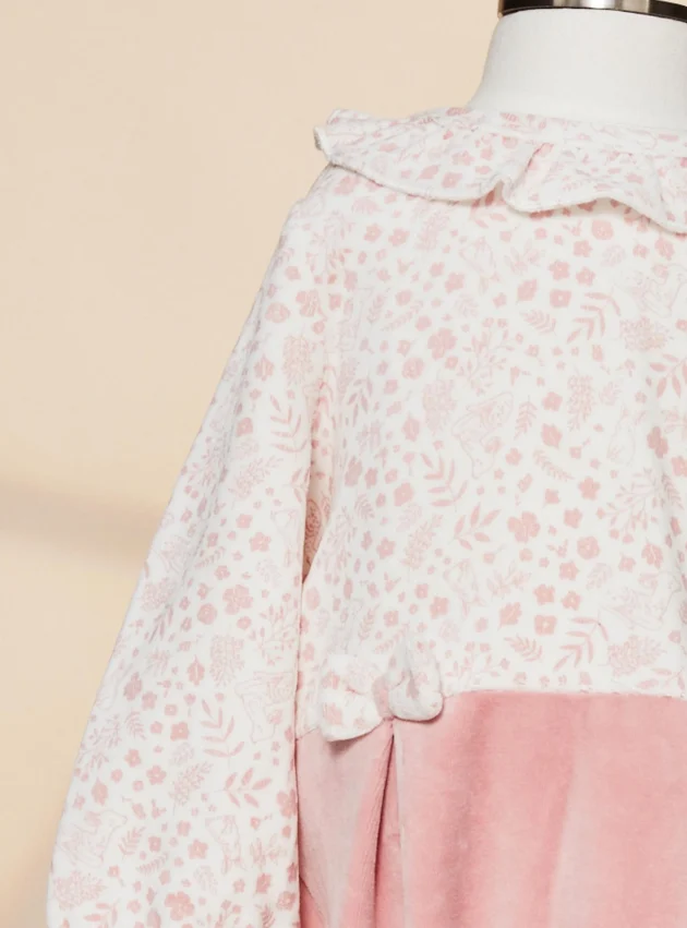 Grenouillère et son Bonnet en Velours Rose Poudré et Ecru lullaby