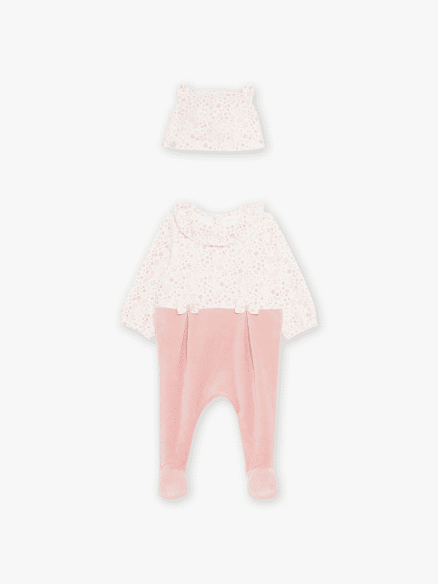 Grenouillère et son Bonnet en Velours Rose Poudré et Ecru lullaby