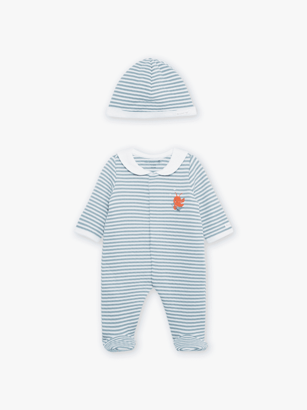 Grenouillère et Bonnet bleu Imprimé à Rayures lullaby