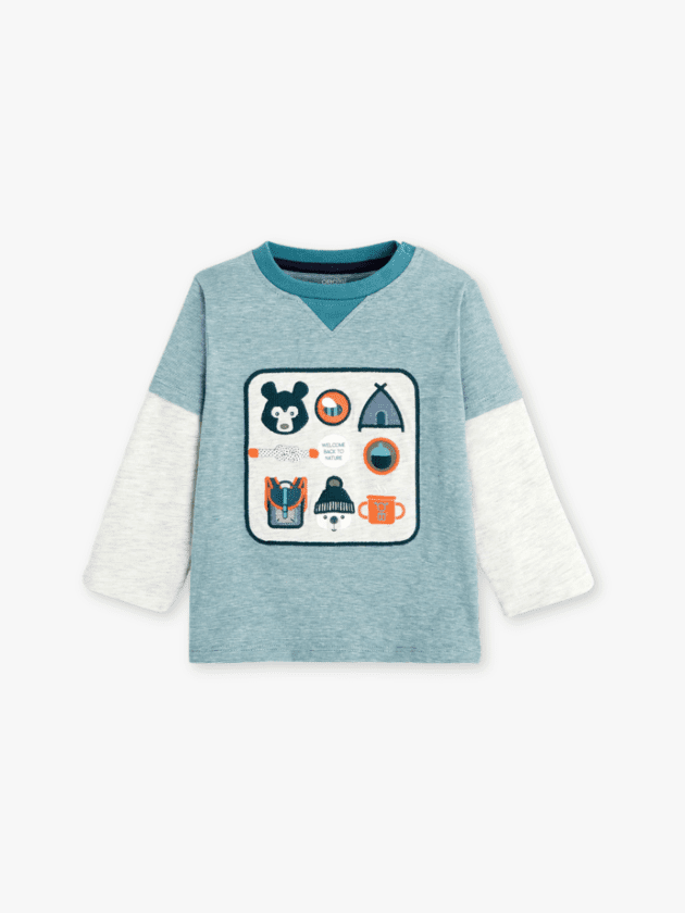 T-shirt à manches longues avec broderies ludiques - Turquoise - lullaby - obaibi okaidi