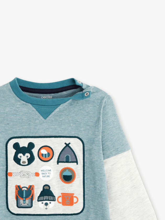 T-shirt à manches longues avec broderies ludiques - Turquoise - lullaby - obaibi okaidi
